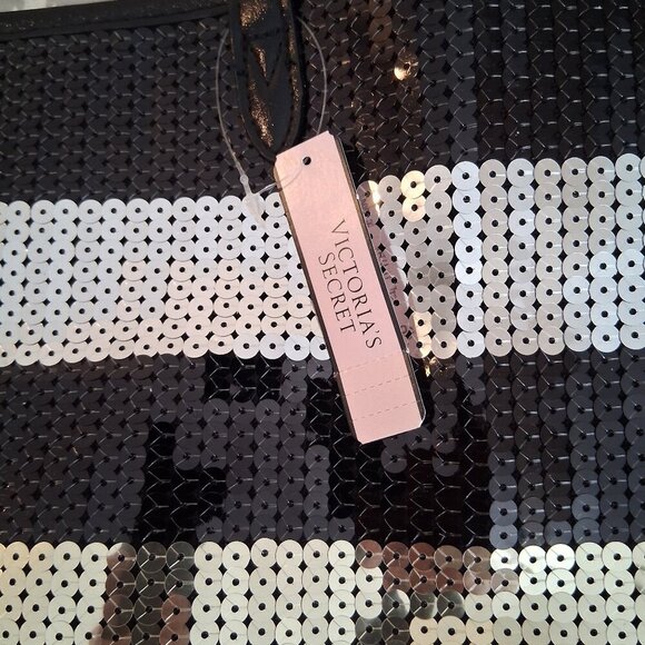 Victoria’s Secret Black Stripe Sequin Bling Large Tote Bag Open Top Beach Travel - Picture 6 of 8